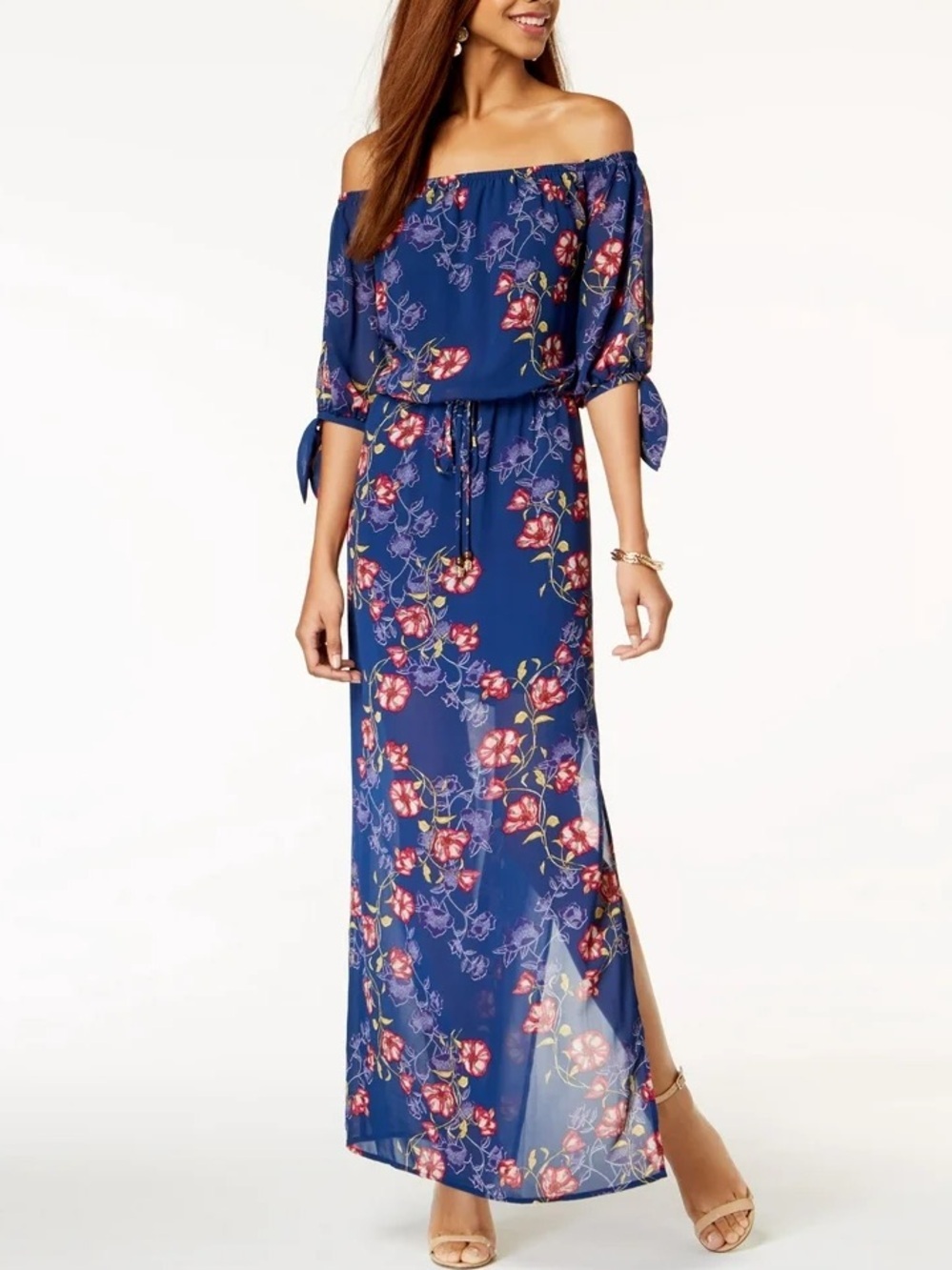 City Studios XXL Blue Pink Floral Boho Off The Shoulder Tie Cuff Maxi Dress